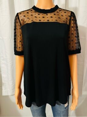Pretty Adrianna Papell size L black mesh short sleeve keyhole blouse shirt new